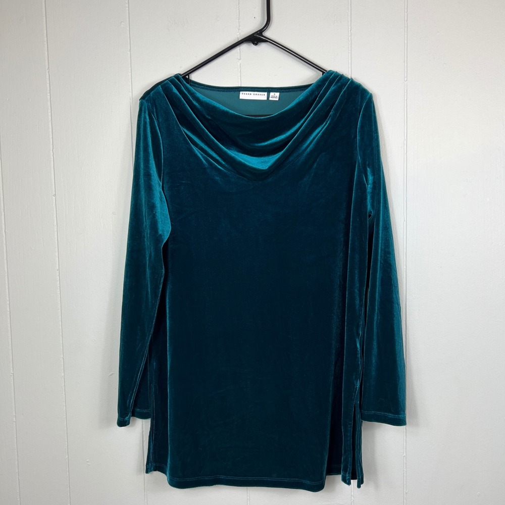 Susan Graver Velvet Tunic Top Teal Blue Green Long Sleeve Cowl Neck‎ Size S